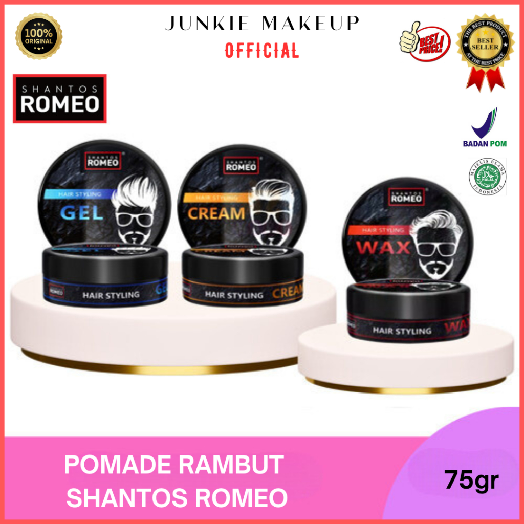 𝗝𝗨𝗡𝗞𝗜𝗘 𝗠𝗔𝗞𝗘𝗨𝗣 - Pomade Rambut Pria | Pomade Pria | Shantos Romeo Hair Stayling 75Gr Minyak Rambut Pr