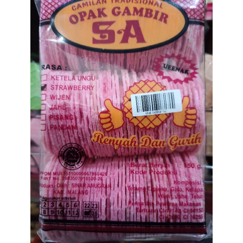 

Opak Gambir SA rasa strawberry 150 gram / Oleh Oleh Magelang Temanggung Wonosobo Yogyakarta / Keripik Kerupuk Cemilan Snack