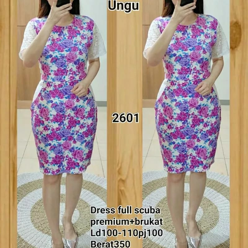Dress 2601 Okky motif bunga-bunga bahan full scuba dan brukat
