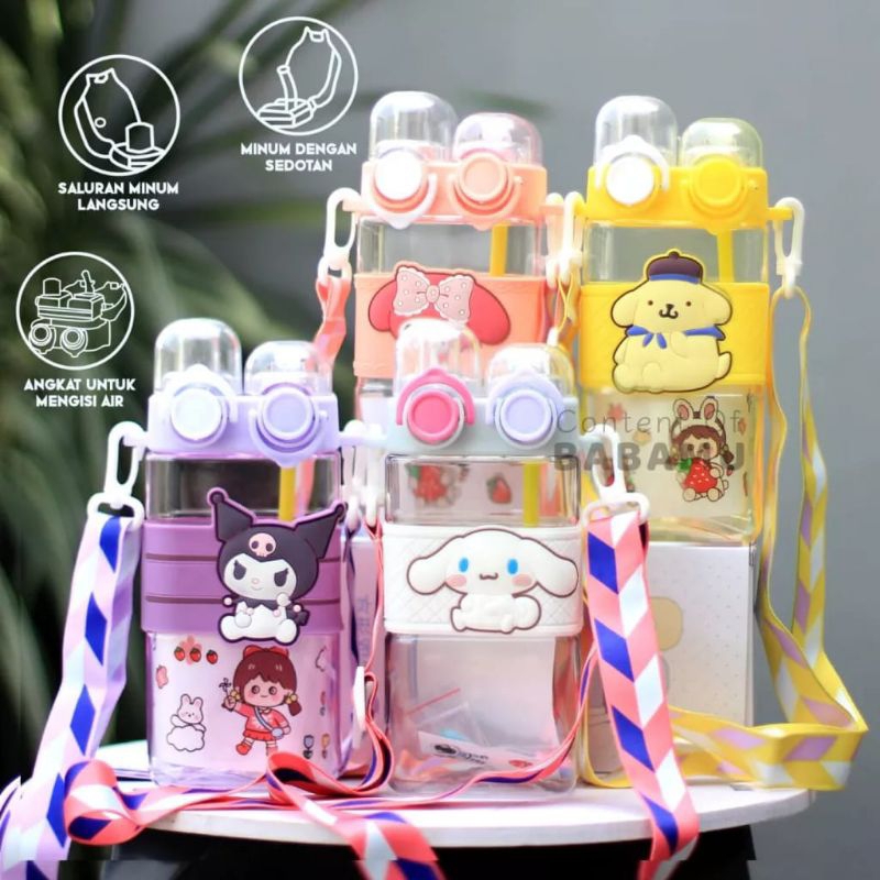 hokkiterus21⭐⭐⭐⭐⭐ BOTOL MINUM 2IN1 botol minum melody kuromi cinnamoral pompompurin botol minum tali botol minum anak karakter bpa LK