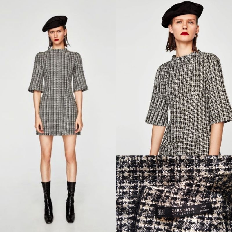 [ZARA] Tweed Mini Dress Plaid Fringe Long Sleeve Black White / Gaun Pendek Rajut Tweed Rumbai Rawis 