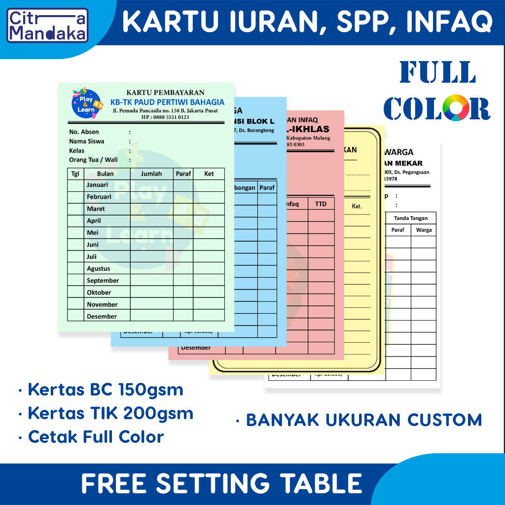 

Cetak Kartu Iuran Custom A3 | Infaq | Pembayaran Les | Kas | RT | Kartu Stock | Lembar Presentasi Santri | SPP | Angsuran Kas | Kelas Koperasi