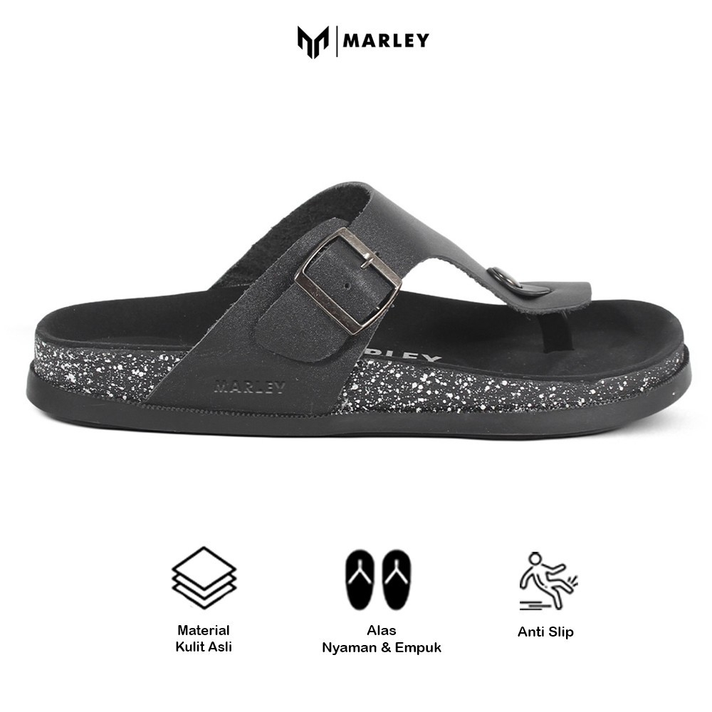 Marley Collin 02 - Marley Sepatu Sandal Selop Kulit Sandal Puyuh Sandal Jepit Casual Hitam