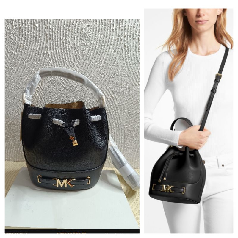 TAS WANITA MK REED MEDIUM BUCKET MESSENGER BLACK LEATHER