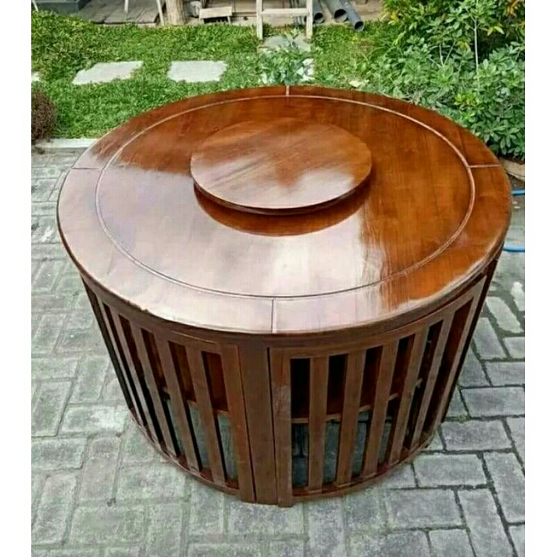 Set Meja Makan Bulat Putar Minimalis Kayu Jati