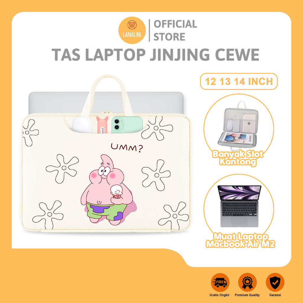 Tas Laptop Lucu Patrick Waterproof 13 14 15 15.6 Inch Macbook Pro Air Sarung Jinjing Tali Bahu Cewek