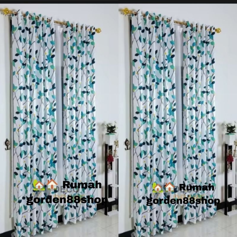 Gorden blackout motif daun hijau biru gorden smokring silver
