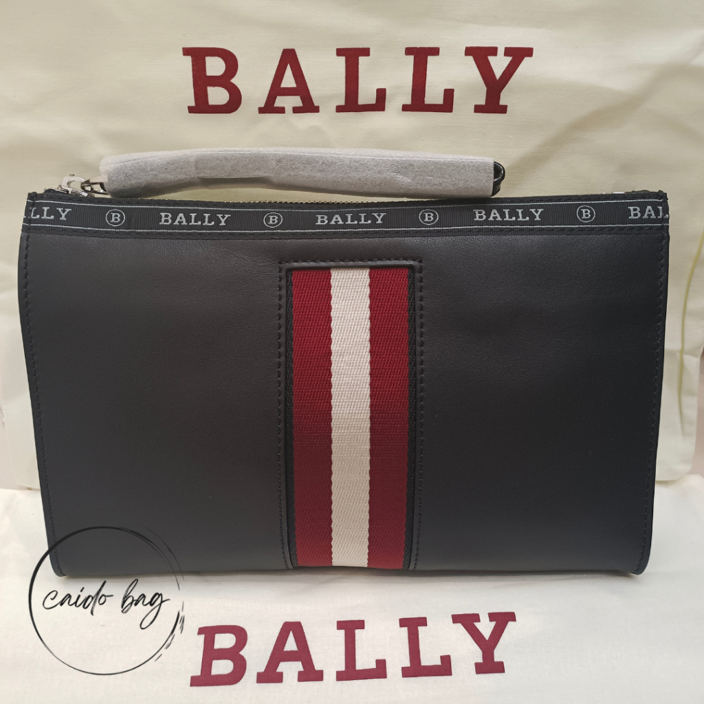 TAS PRIA BALLY HAIG CLUTCH BAG POUCH LEATHER FULL BLACK STRIPE RED