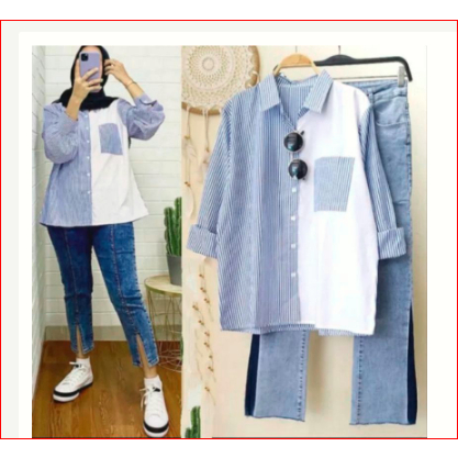 Anita Blus Katun Salur Mix Polos Kemeja Wanita Casual