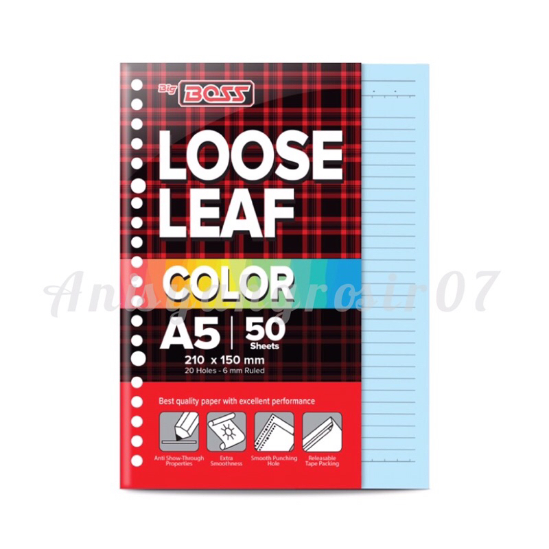 

(1 PACK/50’s) Kertas binder Big BOSS Loose Leaf A5 berwarna 50lembar