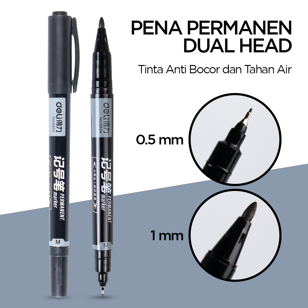 

Deli Pena Permanen Dual Head Tip Marker Pens Waterproof - 6824 - Black