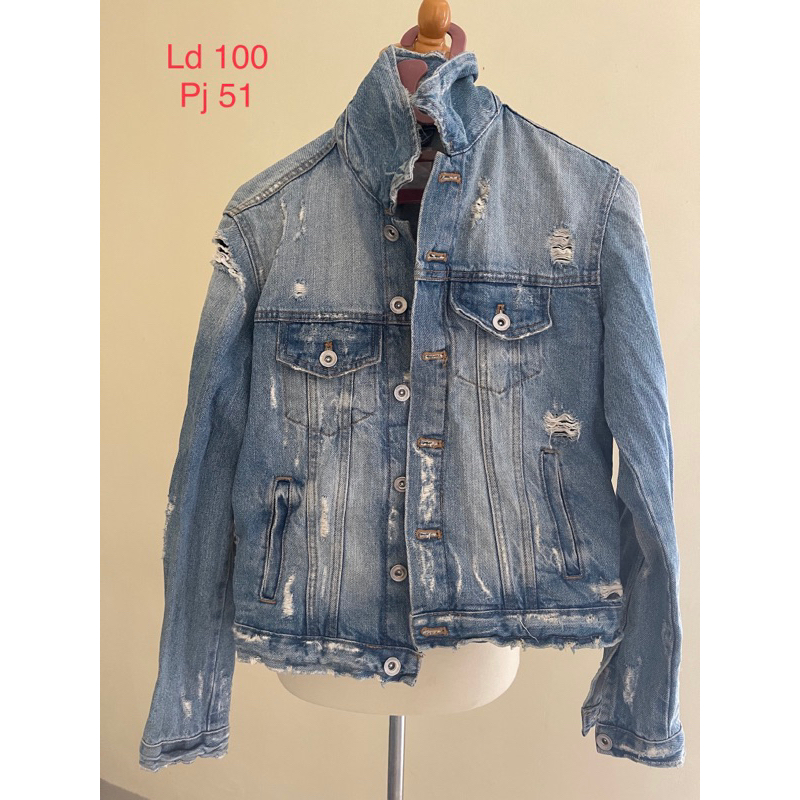Zara trafaluc denim jaket jeans pria wanita ripped