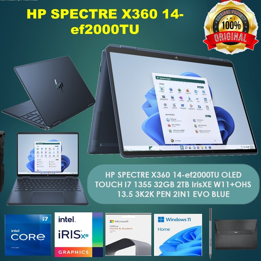 HP SPECTRE X360 14 -EF2000TU OLED TOUCH I7 1355 32GB 2TB W11+OHS 13.5 3K2K BLIT PEN 2IN1 EVO BLU