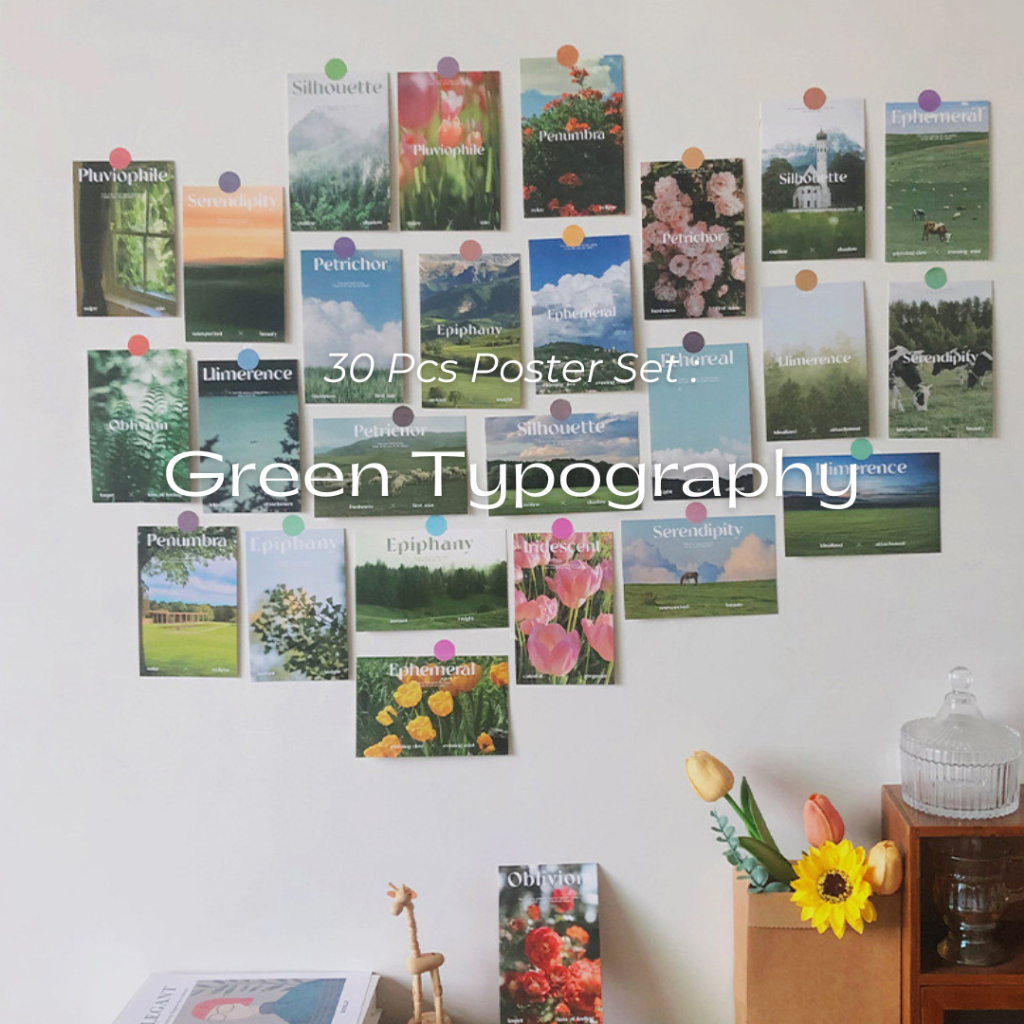 [FREE STICKER] 30 Pcs Green Nature Typography Poster Set - 30pcs Poster Dinding Postcard Aesthetic W