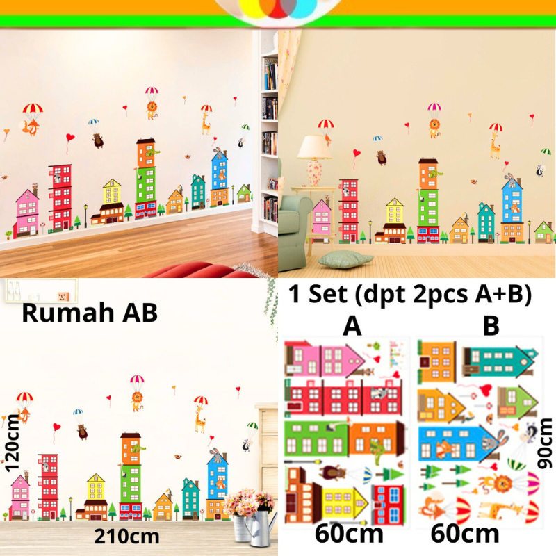 WALL STICKER WALLSTICKER STIKER DINDING DEKORASI MOTIF RUMAH HOME KOTA WARNA WARNI ANIMASI DEKOR HIA