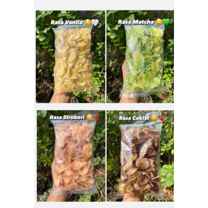 

Keripik pisang aneka rasa (cokelat, strawberry, vanilla, mathca)