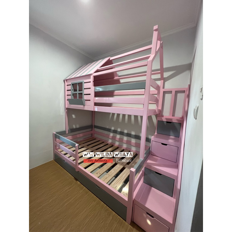 tempat tidur tingkqt anak kayu solid kayu jati belanda size 90x200&120x200 tipe laci sorong bawah ka