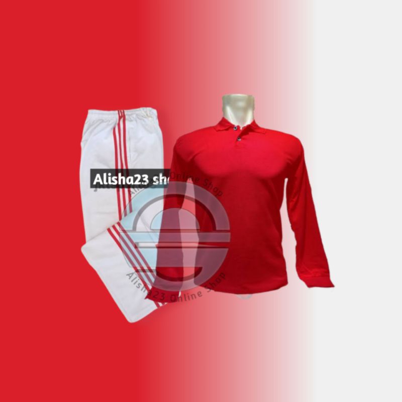Setelan Kaos Kerah merah putih lengan panjang/seragam celana training merah baju putih dewasa/ Satu 