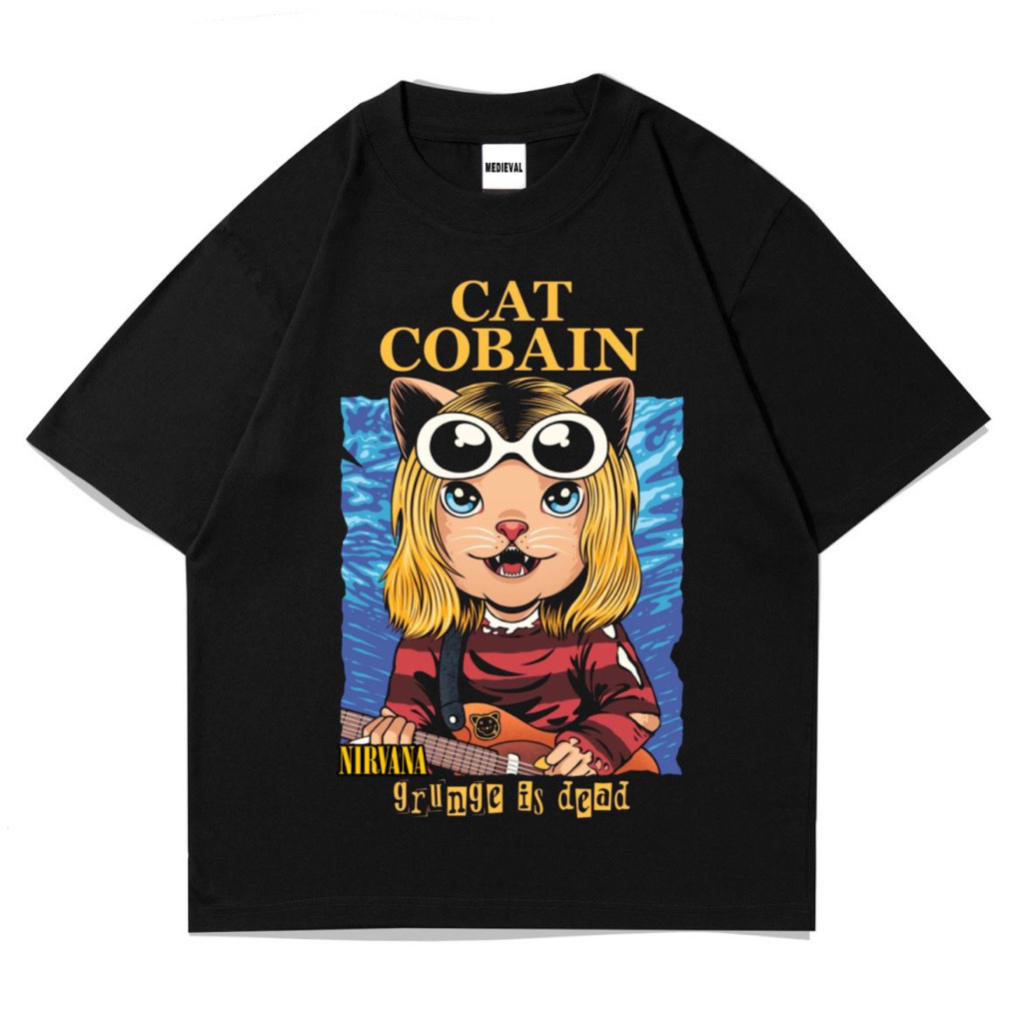 Kaos Band Pria Wanita KURT COBAIN Hitam | plesetan CAT COBAIN | kaos band distro | Vintage | Origina