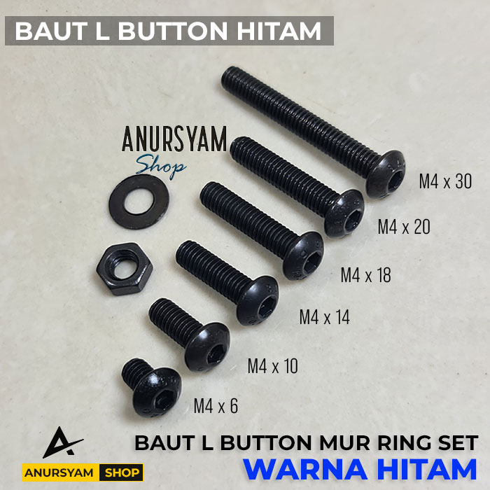 [Paket 10 Set] Baut Button L M4 Mur Ring Set | Baut L Button M4 Hitam