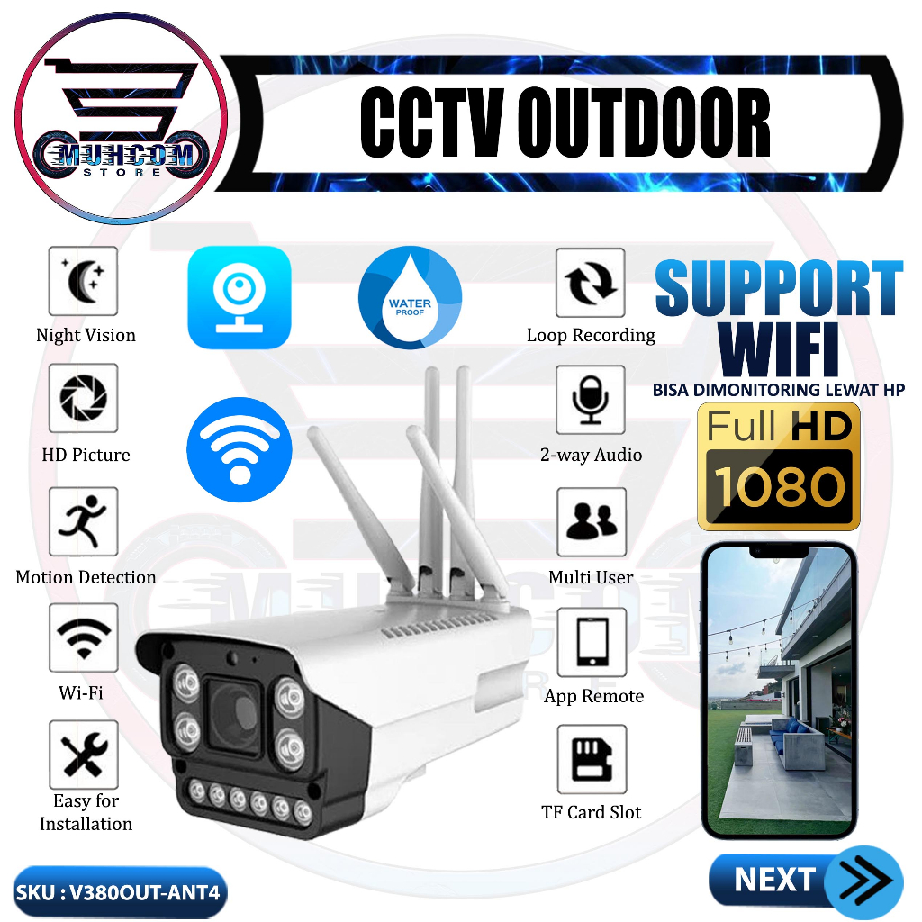 IP Camera CCTV Wifi Indoor Outdoor Wireless 4 Antena 4 IR 6 LED Kamera V380 Pro 2MP Night Vision Mot
