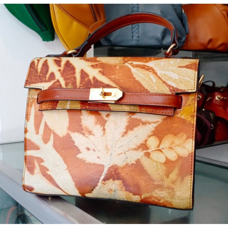 Tas Wanita Kulit Asli Ecoprint Tan