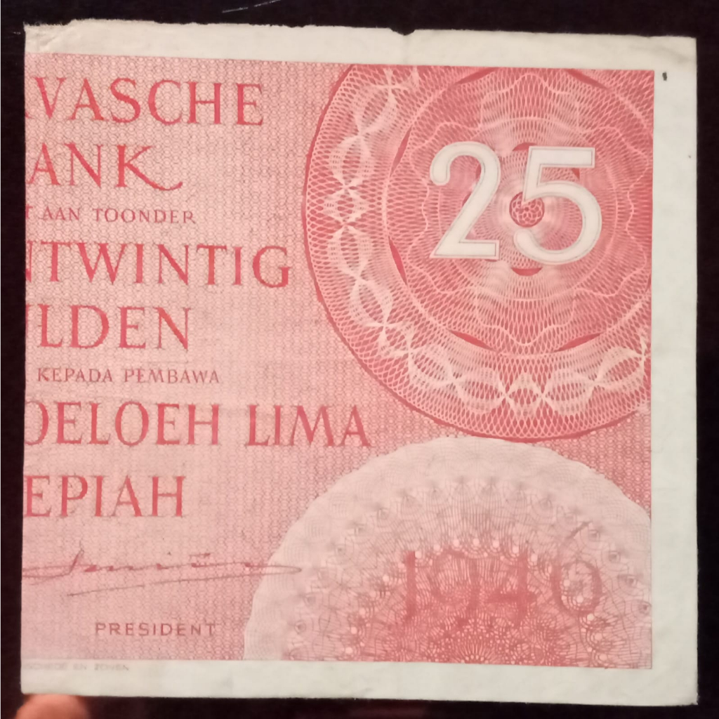 Uang Kuno 25 Gulden Tahun 1946 Seri Federal Orange Senering Kanan VF