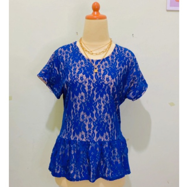 Atasan blouse blus kerja kantor model vintage peplum brukat brokat renda warna biru dongker navy - B