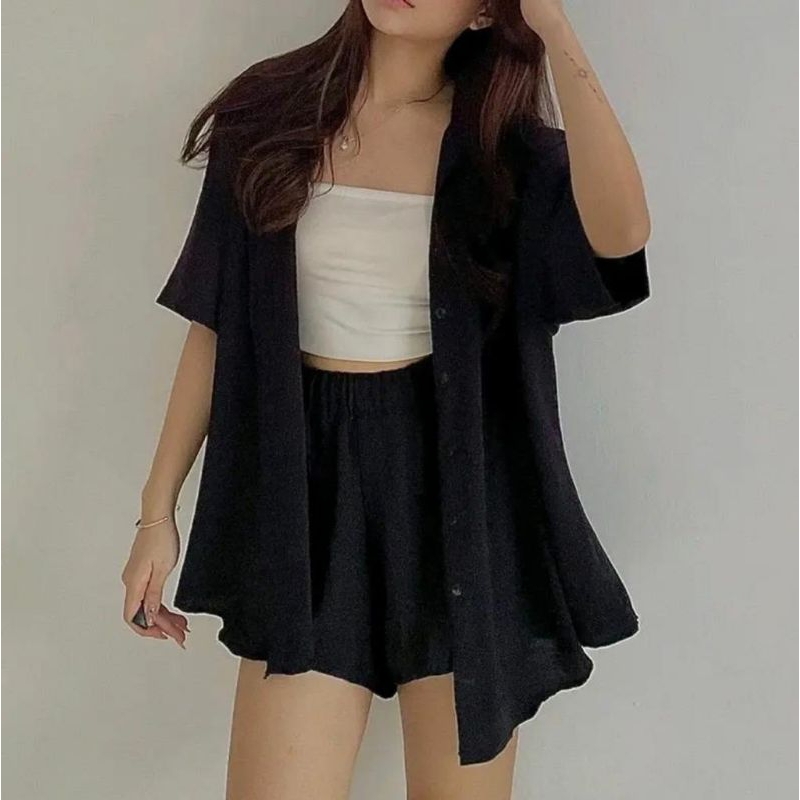 stelan vero kemeja fashion ns / pakaian wanita one set baju dan celana pendek