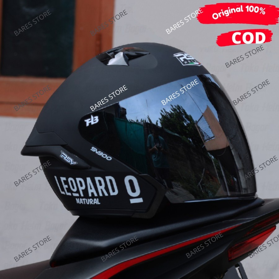 HELM Rsv sv300 black doff visor silver + spoiler+sticker leopard white paket ganteng