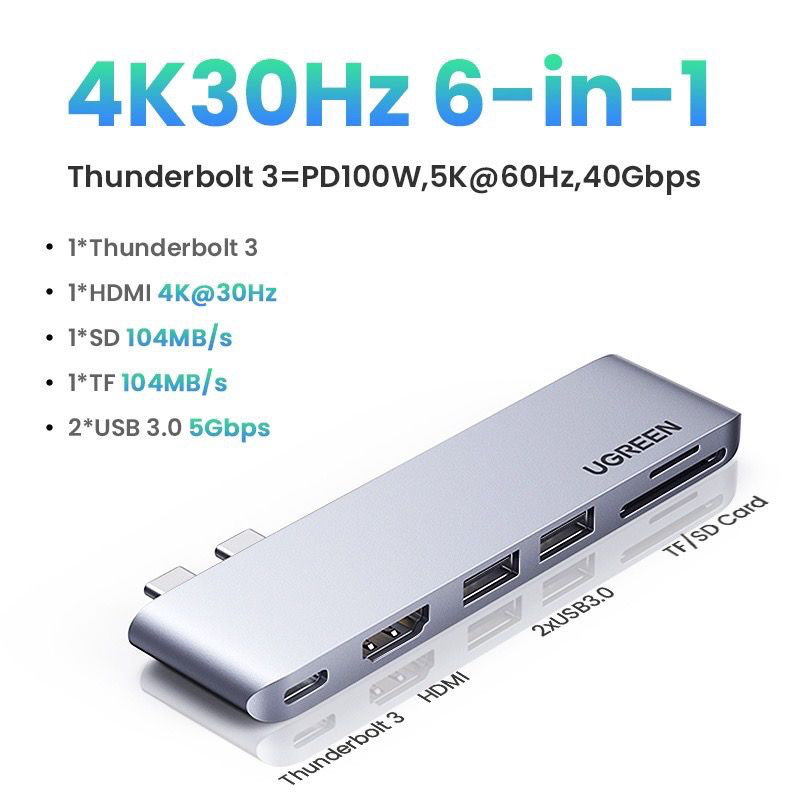 USB Hub Macbook Pro Air M2 M1 Ugreen 80856 Thunderbolt 3 Dual-C 6 in 1