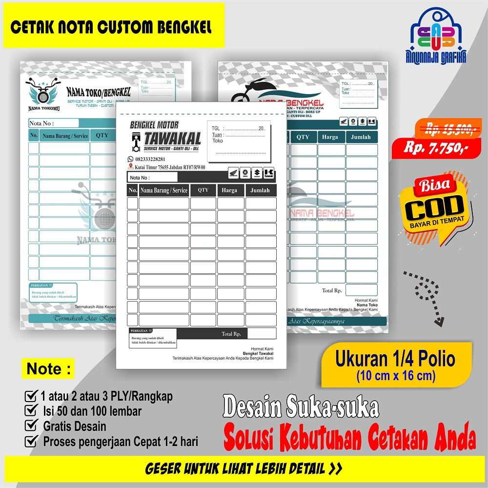 

CETAK NOTA, cetak nota bengkel custom pake nama sendiri 1/2/3 ply 50 lbr dan 100 lbr