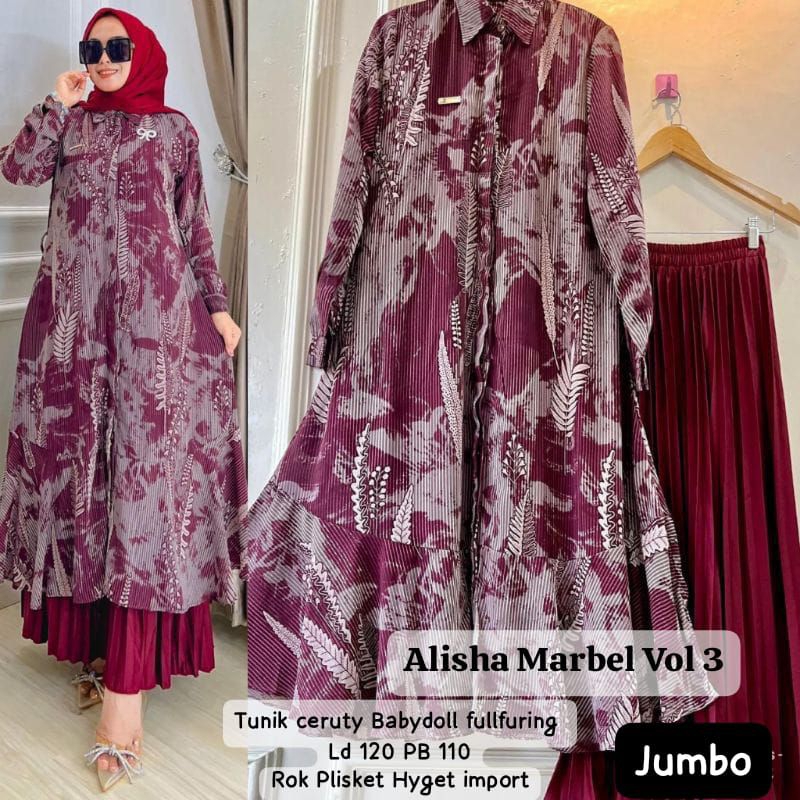 Alisha Marble set rok/Alisha Set Jumbo/Alisha Marbel vol 3 gamis 2in1/Set gamis wanita terbaru