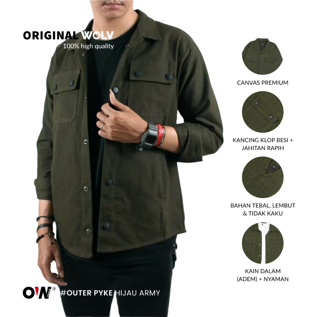WOLV Trucker Outwear Jaket Trucker Outwear Hijau Army Pria Wanita Bahan Kanvas Tebal Model Kasual Tr