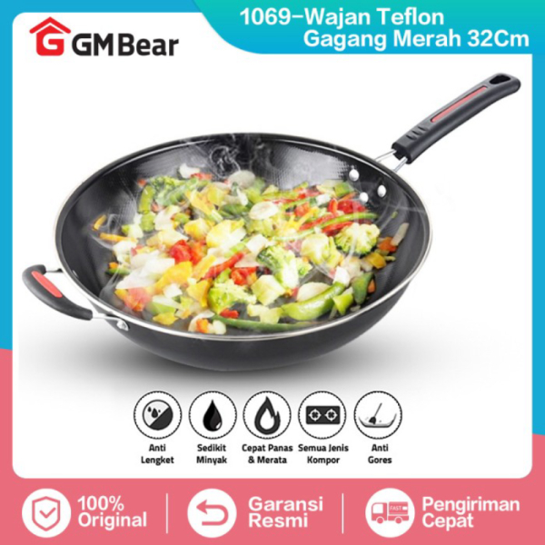 Unik GM Bear Wajan Teflon Gagang Merah 32cm 1069-Wajan Penggorengan Teflon Diskon
