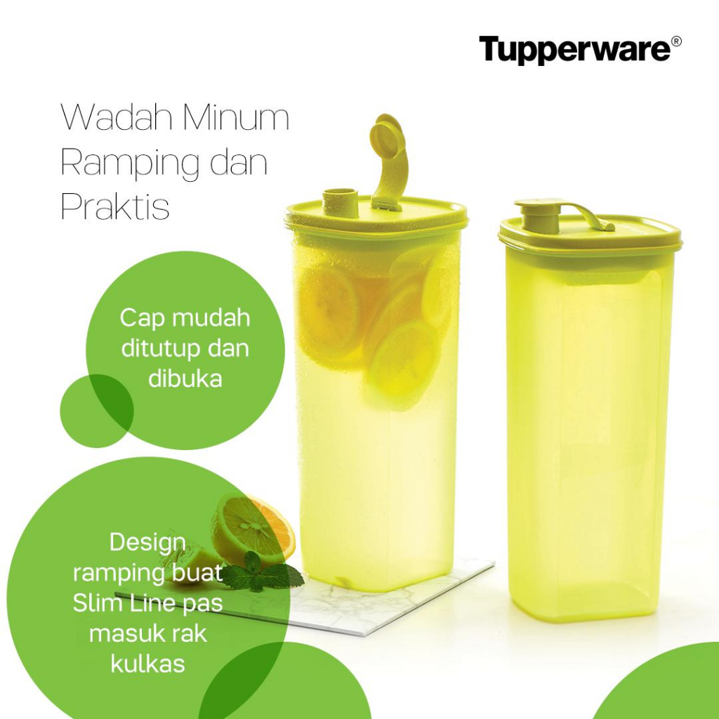 TUPPERWARE Slim Line 2L // Tempat Air Minum, Jus, Es dengan Tutup Flip Warna Hijau Plastik Pitcher F