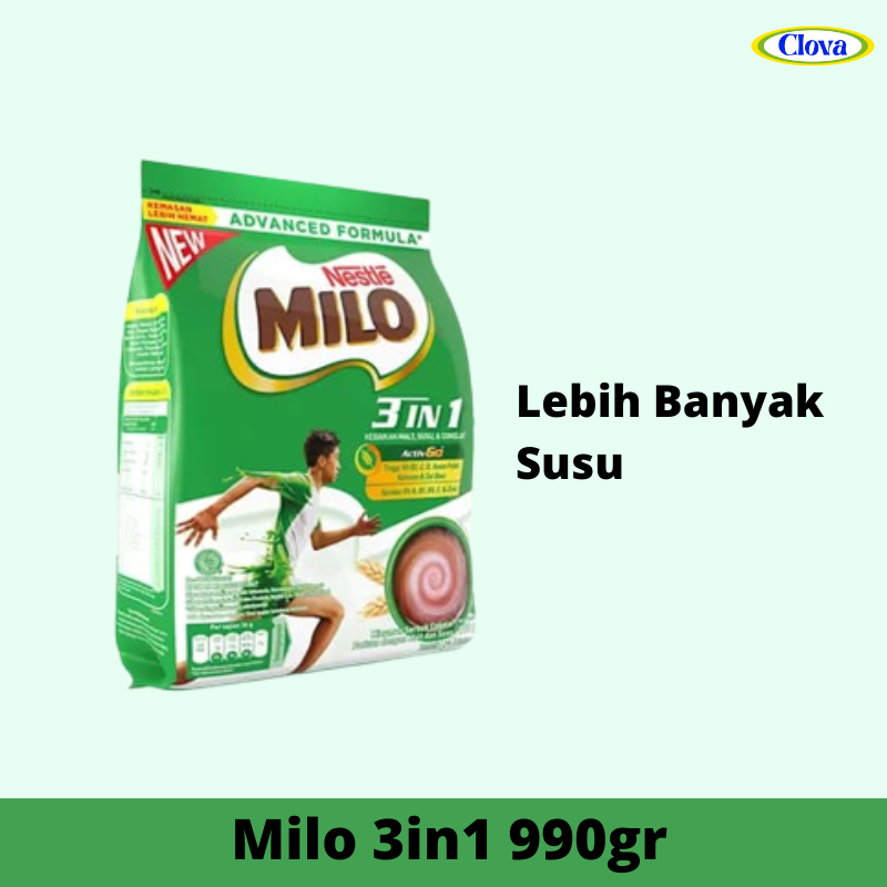 

Milo ACTIV- GO 3in1 990g Minuman Serbuk Cokelat Ekstrak Malt (Barli) Susu