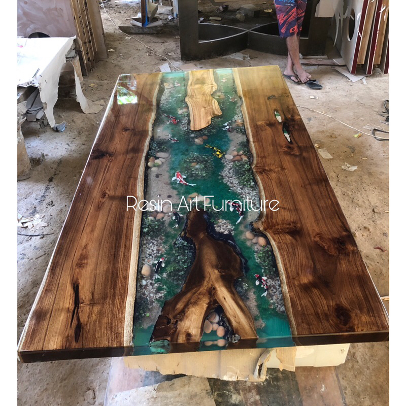 MEJA MAKAN KAYU JATI RESIN MOTIF IKAN KOI/ MEJA RESIN MOTIF KOLAM KOI