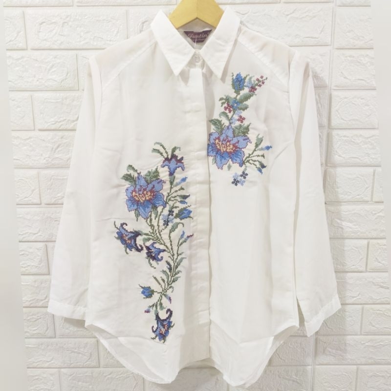 KEMEJA BORDIR BUNGA FASHION CEWEK KATUN PUTIH BORDIRAN IMPORT BKK FASHION WANITA BORDIR KOMPUTER SUL
