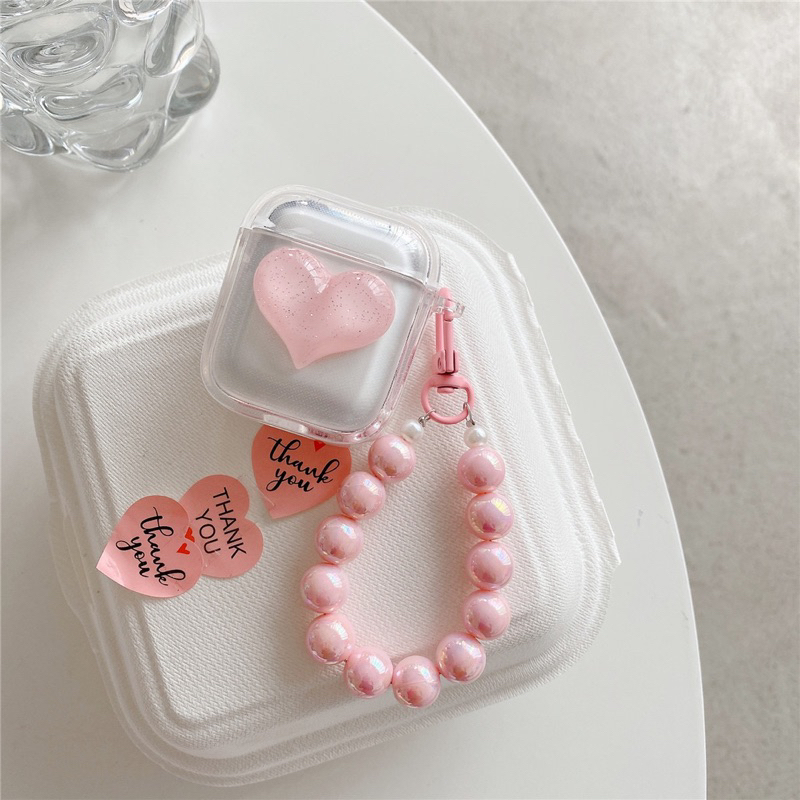 Transparan Pink Heart with Pink Pearl Chain Softcase for Airpods 1 2 Pro 3 Case Airpods Inpods TWS Lucu