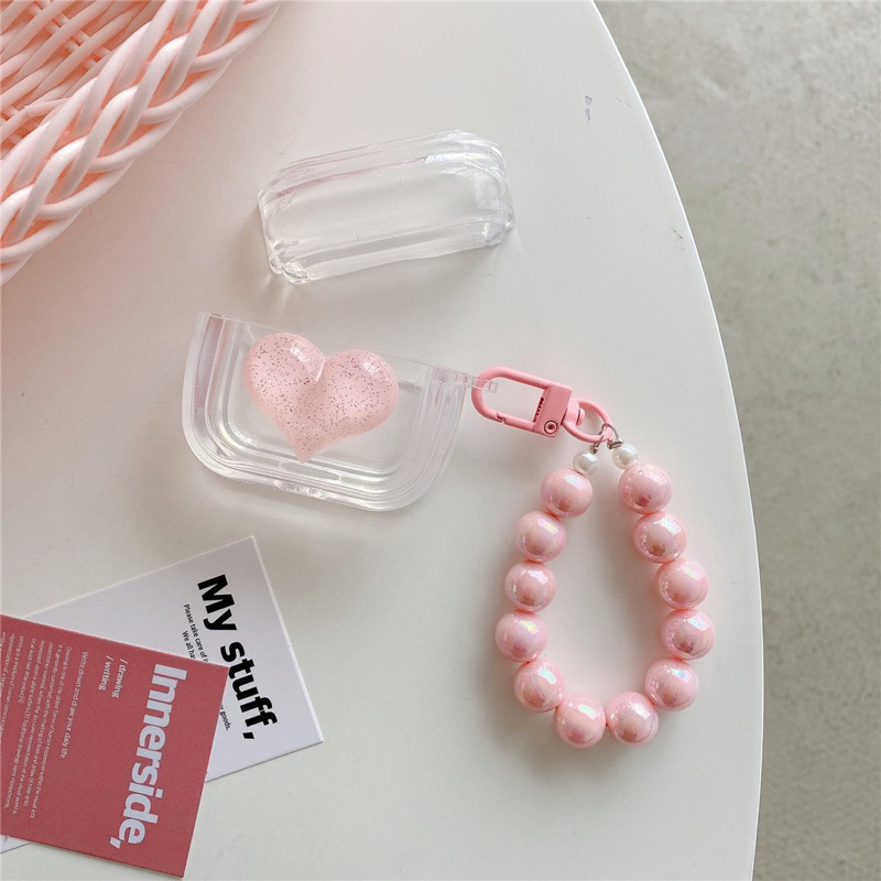 Transparan Pink Heart with Pink Pearl Chain Softcase for Airpods 1 2 Pro 3 Case Airpods Inpods TWS Lucu