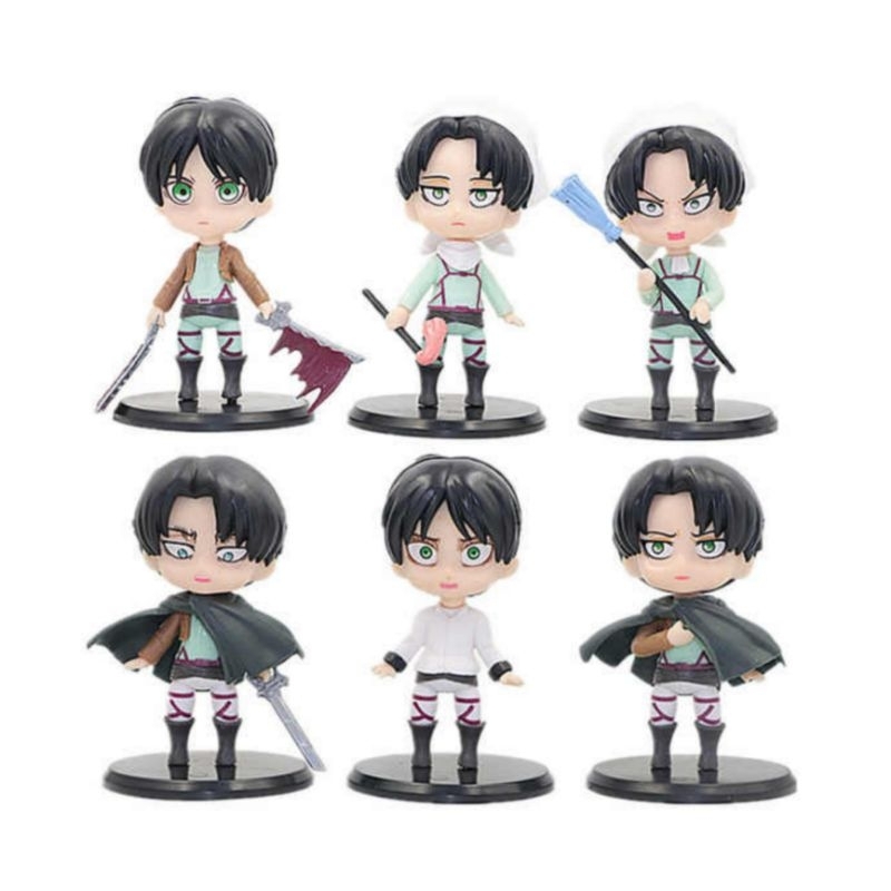 Mainan Set 6 Action Figure Chibi Attack on Titan Eren Yeager Levi Arckerman