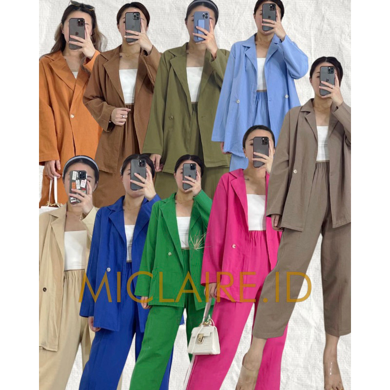 21854-Blazer Set Linen set baju kantor vintage celana kulot celana pensil style basic set baju lebar
