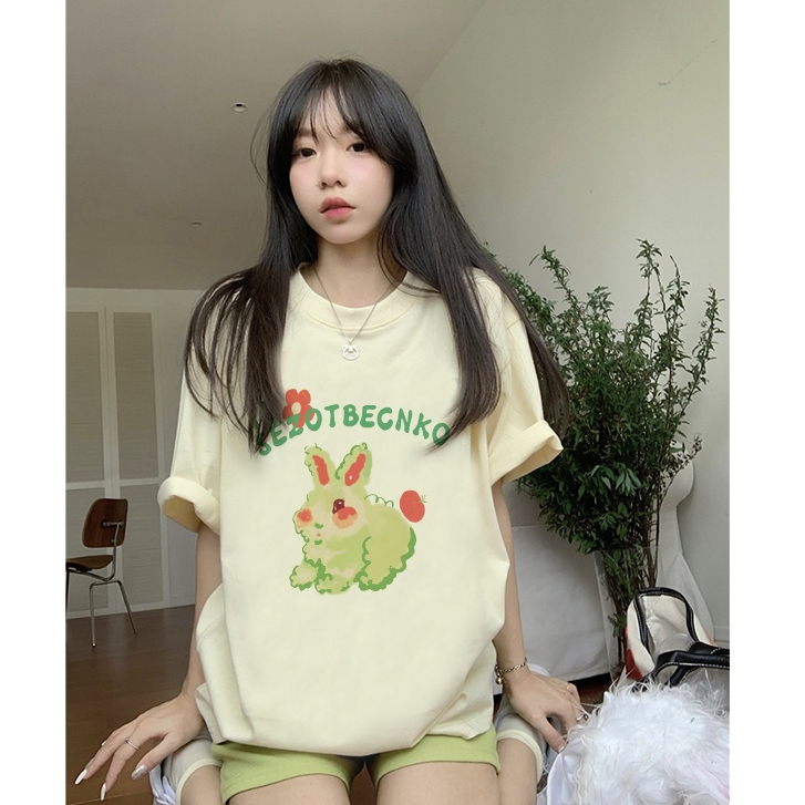 atasan wanita kekinian oversize lengan pendek cartoon rabbit graphic print T-shirt korean style import kaos cream