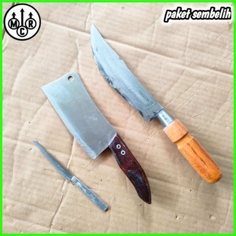 paket sembelih 3 pcs - pisau sembelih hewan - pisau cacah daging dan tulang hewan - pisau usus dijam