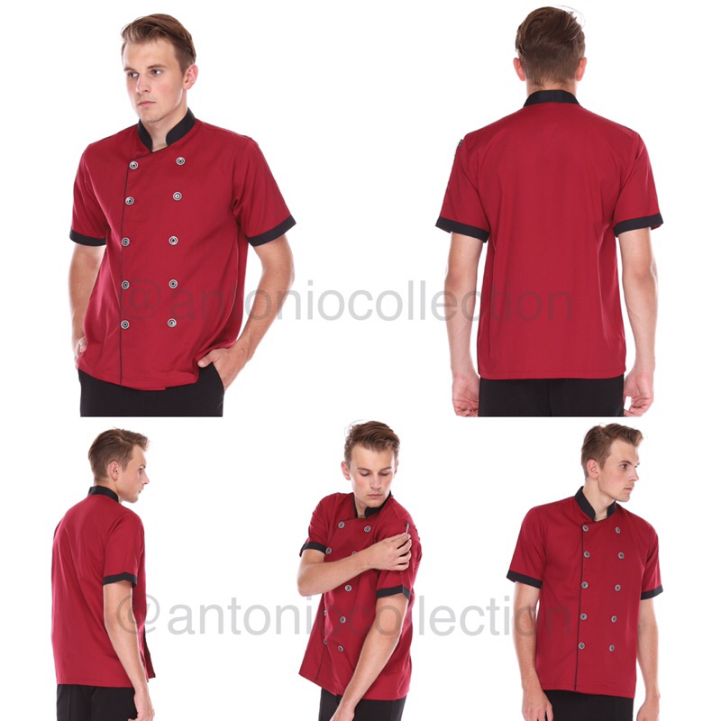 Baju Koki / Chef Jacket Merah Maroon UNISEX Lengan Pendek