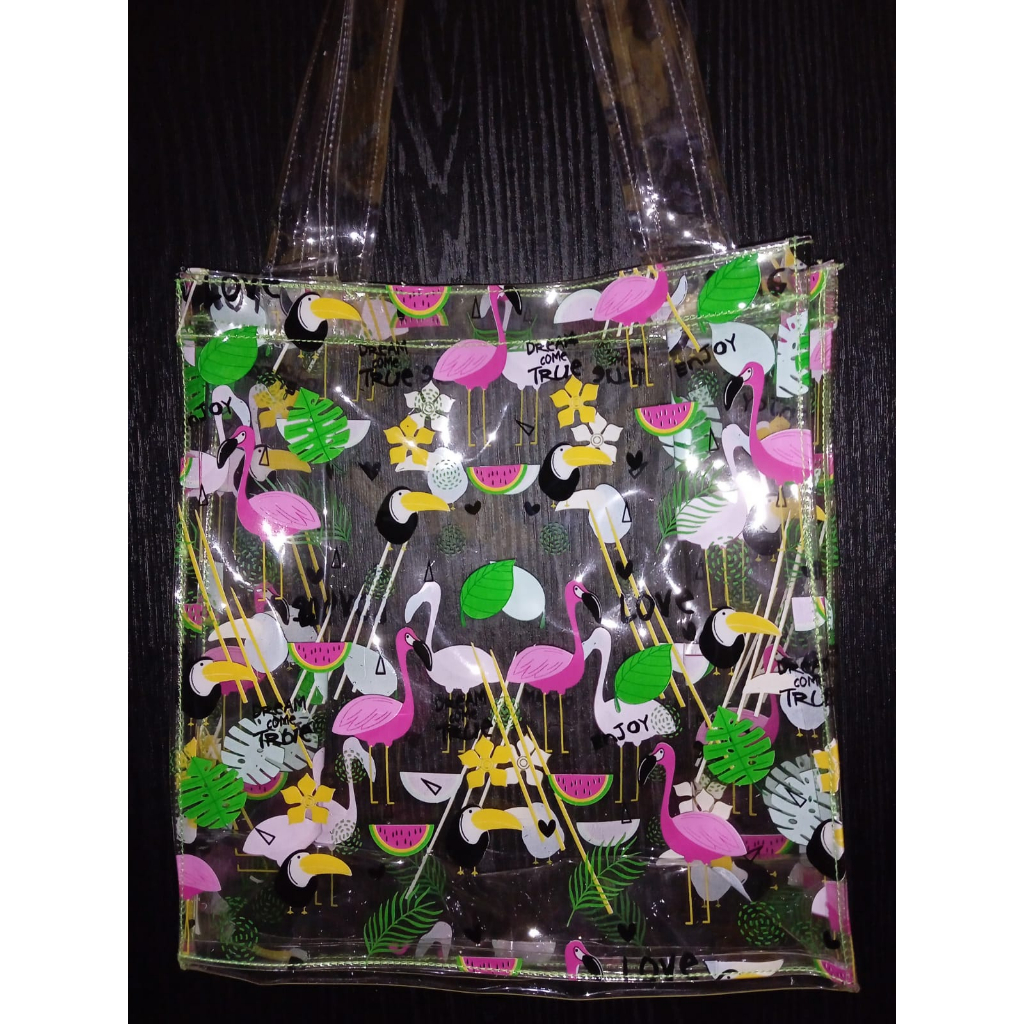 Tas Kepit Bahan Mika Transparan motif Flamingo Dan Unicorn