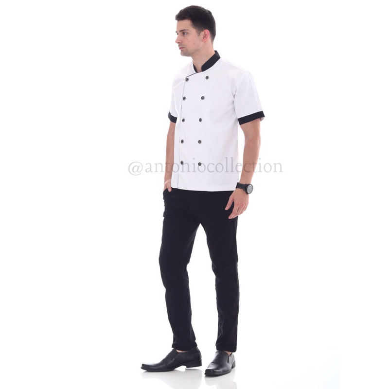 Baju Koki / Chef Jacket Putih Lis Hitam Lengan Pendek