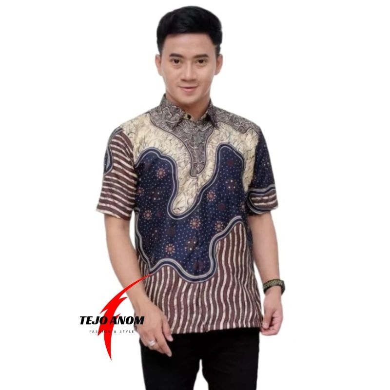 KEMEJA BATIK PRIA LENGAN PENDEK SIZE M L XL XXL  BSWART BatiK HRB026 Kenongo Hem Strimin Coklat