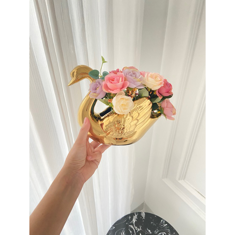 Full Set Vas Bunga Keramik Swan / Angsa Gold Silver & Rangkaian Mawar Kecil / Baby Rose Prmium